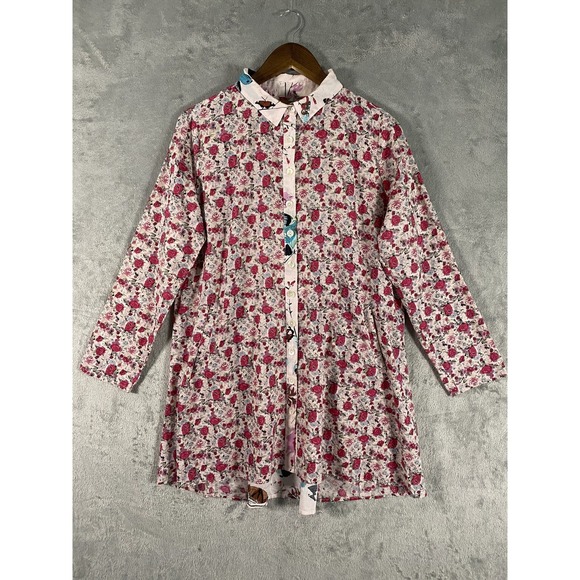 Tulip Shirt Womens Extra Small Pink Floral Button Down Bird Print Accent Pockets - Picture 1 of 13